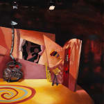 Painting of a set with a yellow flour and a red and blue swirl in the middle, there is a moose head hanging above a blue chest and a wood burning stove in the back