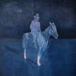 Painting of a man on a horse with a cowboy hat on in blue tones