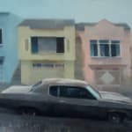 Kim Cogan painting of vintage car in foreground, pastel San Francisco homes in background
