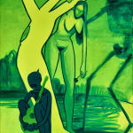 Corey K. Lamb - geen painting of three figures, front sat a man holding a guitar; behind him, a women peak from the right side of a tree; behind her, a shadow hovering her crouching towards the tree.