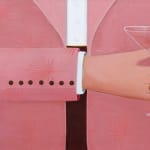 Painting by Angela Burson of a man in a salmon pink suit, embellished with palm tree details holding a martini