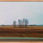 Landscape painting of the side of a highway, a group of bare trees is in the distance surrounding by dying grass and a billboard is just out of frame