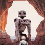 Painting by artist Scott Listfield depicting an astronaut in a white suit navigating a cave. Beyond the opening of the cave is a rusted Amazon robot facing the astronaut.