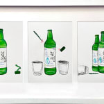 5 drawings of soju bottles in a white frame