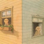 drawing of two figures looking out windows