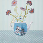 Lizzie Gill painting of blue teapot with purple flowers coming out of it. Blue patterned background