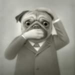 Painting of pug wearing a suit covering its mouth and top of head