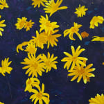 Painting of yellow daisy flowers on a dark blue background