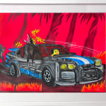 framed David Heo painted collage of a race car with a dog hanging out the passenger window on a red background