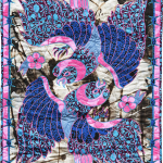 Ben Venom - hand-made quilt with pattern of two birds in dark shade of blue and bright pink.