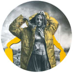 Circular painting of a woman wearing a bright yellow coat with yellow geometric shapes