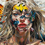 painting of a blond woman with tears in the image revealing comic book images over a light background