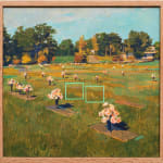 Painting of a cemetery with flowers on the ground on top of each plot. Two bright green squares are off center.