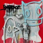 silver outline of a bird, black outline of a robot with hearts coming out of his chest, and light blue outline of batman character