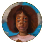 painting of a girl with blurred eyes on a circular canvas by Alex Garant