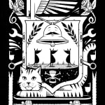 Black and white illustration of a crest like composition depicting a lounging cat, three mice, a mustached bell, and various motifs like turtles, birds, roses, and wrenches by artist Jeremy Fish