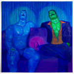 Painting of two men in a club like setting sitting down on a purple couch. One of the men is green wearing a suit with a bright orange shirt and the other is blue in a speedo holding a cocktail.