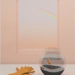 fishbowl with a single goldfish and a pair of gloves sitting on a surface in a pale pink room