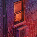 painting of a man seen through the window of an apartment building by Taylor Schultek