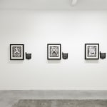 Installation view of Jeremy Fish's solo exhibition "The Moral Compass" at Harman Projects, SF. From left to right: The Young Crab and His Mother, The Ass and His Driver, and Belling the Cat