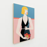 Painting of woman in black dress and a bag of citrus fruit by Jillian Evelyn