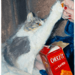 Ester Tuva - Painting of a cat reaching for a piece of Cheezit from a human hand.