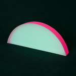 Rachel Strum - epoxy neon sculpture of horizontal strip of a round panel top edge - green and hot pink.