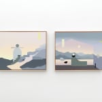 two Madeleine Tonzi landscape paintings of abstracted forms and mountains with dusky tones