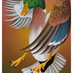 painting of a duck in mid flight