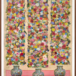Collage of flowers in three columns with three vases on a rectangular carpet