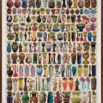 Collage of various vases in rows and columns on found paper