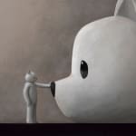 a small white bear reaching out to touch a giant white bear head