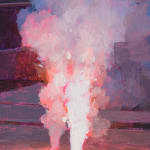 Painting of a firework going off on the sidewalk in front of two houses with bright pink light