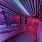 painting of subway staircase with two robot dogs at the bottom illuminated in pink light