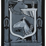 Gray-scale painting of a crest like composition depicting horseshoes, a mule with a harness and flat cap, and a horse wearing a laurel wreath and crown by artist Jeremy Fish