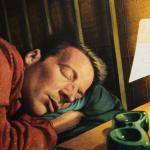 painting of a man sleeping in bed