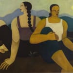 Hilda Palafox painting of two women back to back sitting in mountainous landscape with sun and crescent moon in background