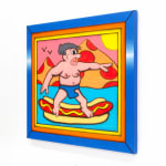 Painting of a man in a blue speedo riding a hotdog like a surfboard on the water with two mountains in the background