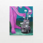 Corey K. Lamb - decapitated head upside down as vase, tended by pink female figure arranging flowers