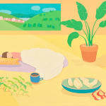 Danym Kwon - Painting of a yellow interior space with a beam of light shines in. From back to front, a window with scenery, a potted plant, a girl sleeping sideways, a mug with coffee, sprouts growing from the floor, a plate of sliced apple and its peel on the side.