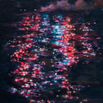 Painting of a red, blue and white firework going off with the reflection of the fire work on the water below
