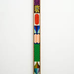 Vertical painting with small designed stacked on top of each other featuring a yellow flower, a red feather, a sun, a checkered green design, a diamond shaped design and a blue flower