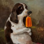 dog licking an orange popsicle