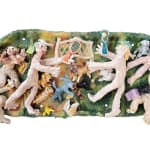 Ceramic sculpture of a bunch of naked people playing tennis with several dogs chasing the ball in the center