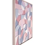 Scott Albrecht wood relief piece in shades of pinks, blues and grays side angle