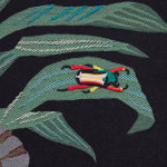Detail of Oona Brangam-Snell hand-woven embroidery of large frog, flowers and fairy like women