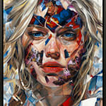 up close portrait of a blonde woman with images of superman spliced with her face framed