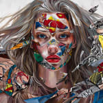 portrait of a blond woman with comic book imagery covering her face and surroundings