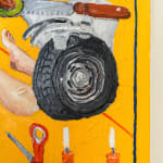 A painting of a polaroid of a collage of things including a telephone, a dog, a basketball hoop, a boot, candles, scissors, a knife, wheels, Vans shoe, a beer bottle and shopping baskets by Emilio Villalba. .