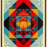 abstracted image of a lotus flower with geometric diamond with blue, red, and yellow panels